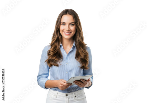 Young woman holding a tablet isolated on transparent background