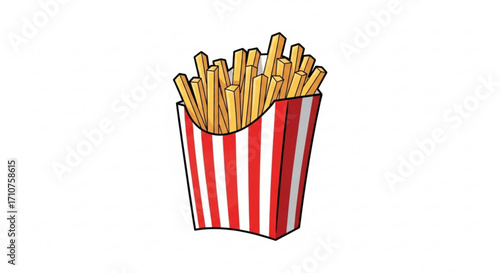 Cartoon french fries in striped container, a popular fast food snack, perfect for menu or advertising design