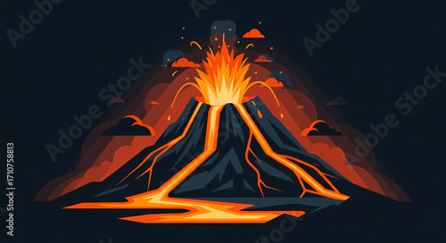 Dramatic illustration of a powerful volcanic eruption with molten lava rivers flowing down rugged slopes under a dark, smoke-filled sky, showcasing nature's raw force and geological activity
