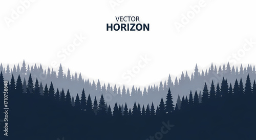 Vector Horizon Illustration of Pine Forest at Dawn in a Natural Environment, Artistic Viewpoint and Tranquil Concept