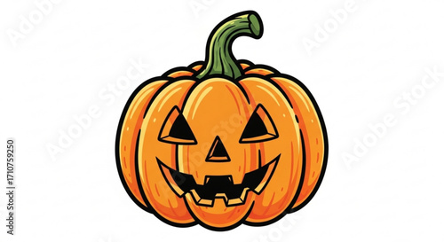 Illustration of a classic halloween pumpkin, featuring a carved face with a smiling expression and a vibrant orange color