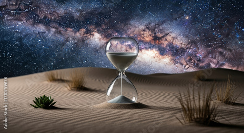 Hourglass Sands Time Passing in Desert Landscape Under Starry Night Sky Conceptual Image