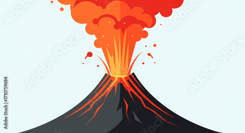 Volcanic Eruption Action, Nature Subject, Mountain Location, Illustration Content Type, Dramatic Environment, Aerial Viewpoint, Natural Phenomenon Concept