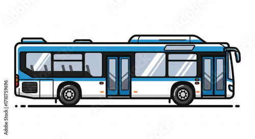 A detailed illustration of a blue and white bus, representing public transportation and urban mobility in a modern design