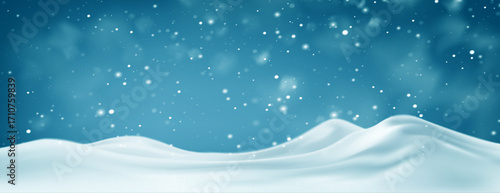 Snowy scene with ground, snowdrift, and mountain landscape covered by white snow and ice. A realistic vector illustration background