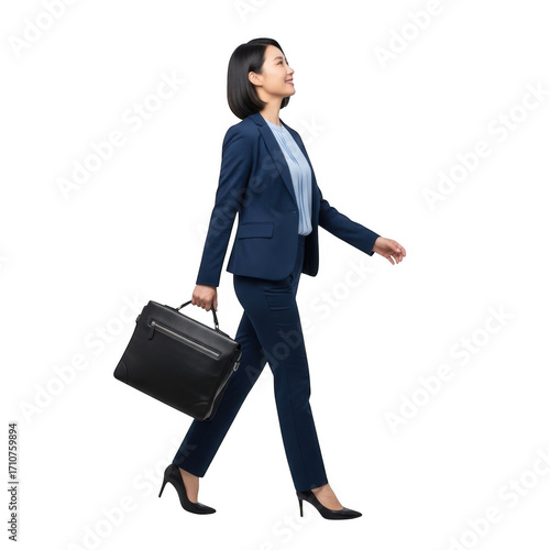 Confident Asian businesswoman walking with briefcase, professional woman in navy blue suit, corporate female executive on white background