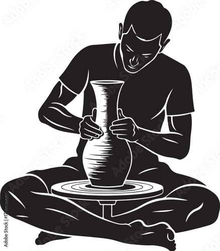 Vector art of potter shaping clay on a pottery wheel, creating a vase