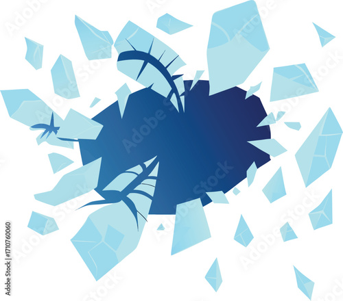 Shattered ice shards exploding outwards from a dark blue center explosion breaking
