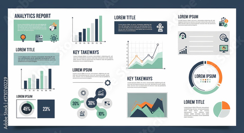 Analytics report with diverse charts and infographics, symbolizing data analysis and business insights