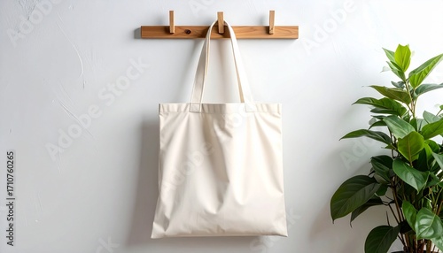 Eco-friendly white cotton tote bag mockup hanging on a wall hook, representing a zero-waste and sustainable lifestyle concept for reusable shopping