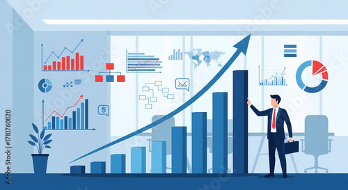 Business growth concept with man pointing at rising bar chart and financial graphics