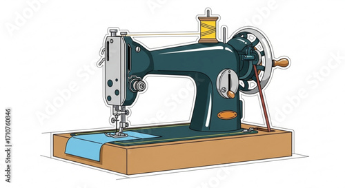 Detailed illustration of a vintage sewing machine with a wooden base, , showcasing classic craftsmanship and design