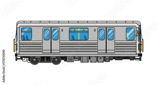 Subway car, a railway car for underground passenger transportation in a metropolitan area with blue windows and doors