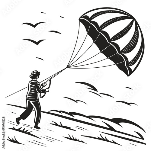 A person flying a large kite on a beach