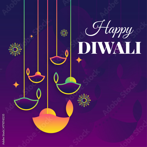 Happy diwali festival of lights with glowing decorative diya lamp and festive golden string lights on a rich red purple background, Happy diwali celebartion banner design free space for your text