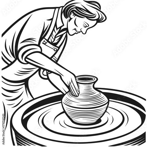 A person throwing a clay pot on a pottery wheel