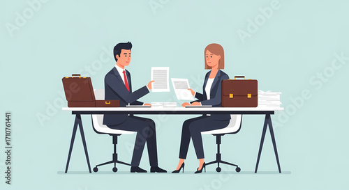 Business professionals reviewing documents at desks
