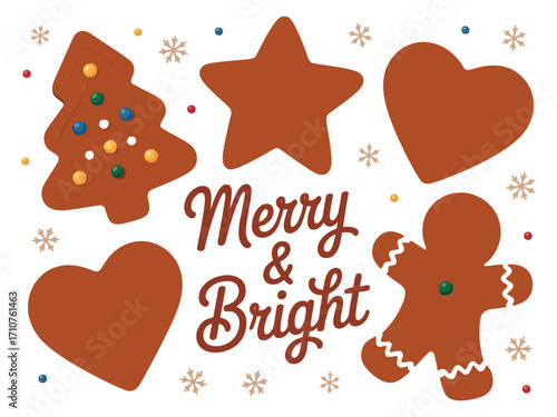A festive holiday collection of Christmas gingerbread cookies shaped like a tree, star, heart, and gingerbread man, decorated with icing, perfect for winter celebration stock.