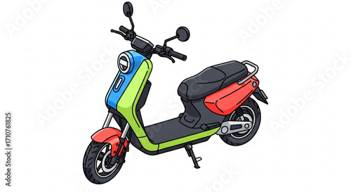 A vibrant electric scooter stands ready for ecofriendly urban adventures, a symbol of sustainable transportation and modern mobility