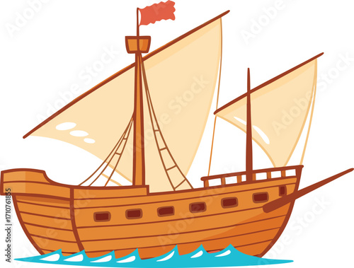 Wooden sailing ship with orange flag and sails on blue waves boat water