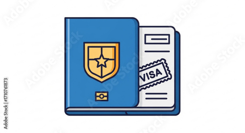 Illustration of a blue passport with a visa stamp, representing travel, international identity, and document verification