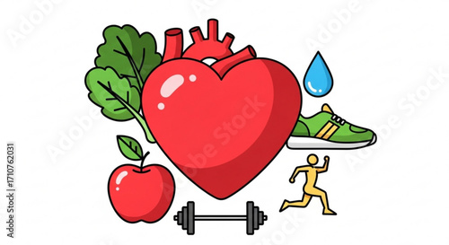 Healthy lifestyle illustration, featuring heart, food, exercise, and hydration for promoting cardiovascular health and wellbeing