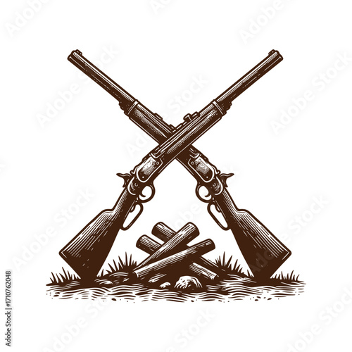 Crossed Lever-Action Rifles and Tripod in Etching Style