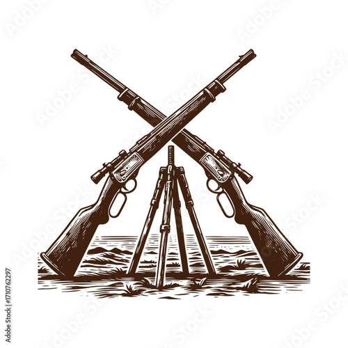 Crossed Lever-Action Rifles and Tripod in Etching Style