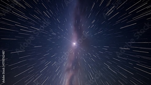 Star trails converging into a radiant point, piercing through the Milky Way in long exposure.