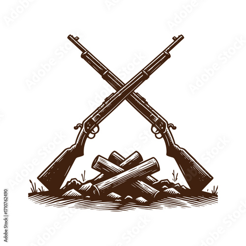 Crossed Lever-Action Rifles and Tripod in Etching Style