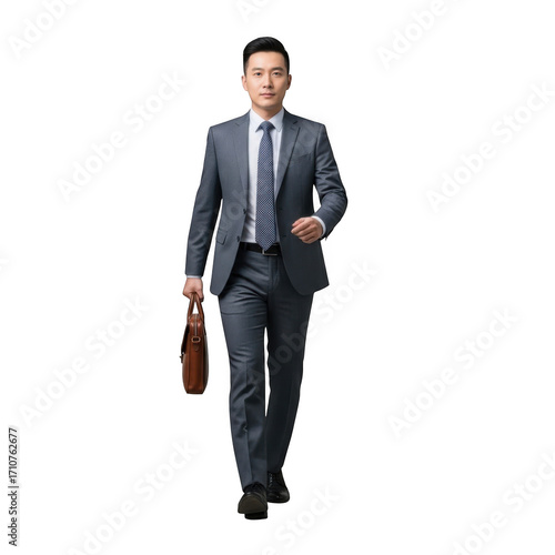 Professional man in business suit walking confidently holding briefcase full length studio shot isolated on transparent background
