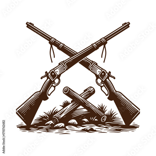 Crossed Lever-Action Rifles and Tripod in Etching Style