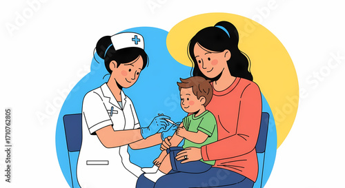 Nurse administering injection to child with mother present, symbolizing healthcare and protection
