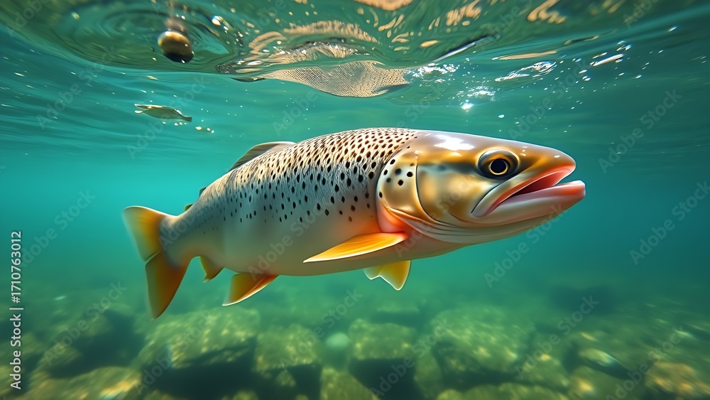 Naklejka premium Underwater view of trout swimming in clear stream, showcasing tranquil aquatic scenery.