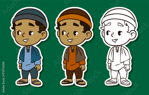Muslim boy smiling standing pose sticker illustration