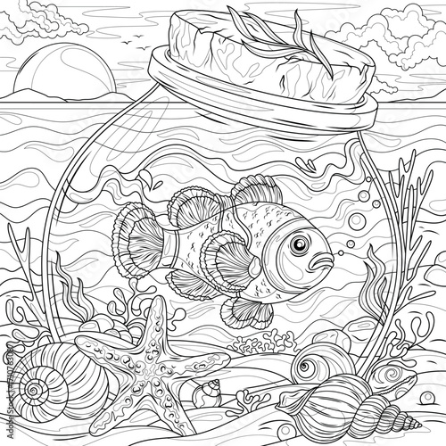 Ocean fish in a jar on the seashore.Coloring book antistress for children and adults. 