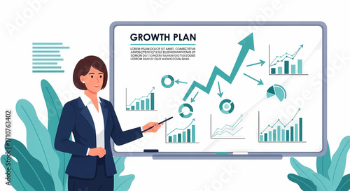 Businesswoman presenting growth plan with charts and graphs on a whiteboard
