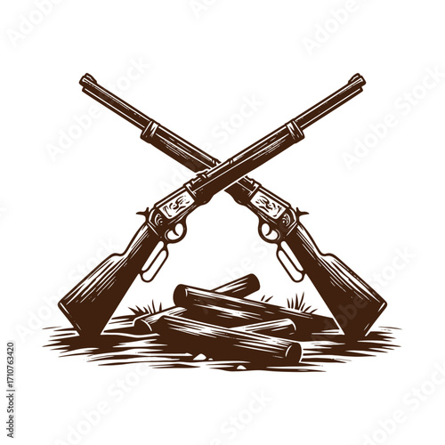 Crossed Lever-Action Rifles and Tripod in Etching Style