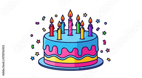 A delightful birthday cake, adorned with colorful candles and confetti, ready to celebrate a special occasion with joy