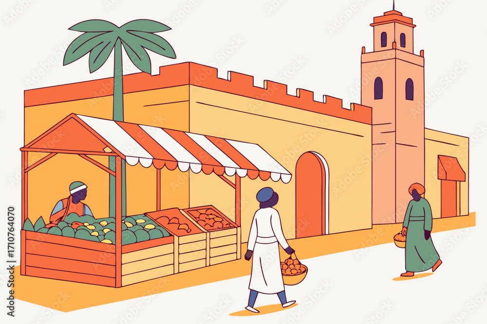 Obraz premium Show the bustling market streets of Marrakech filled with colors and spices, modern flat illustration style