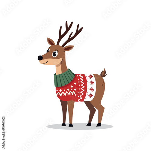 Smiling reindeer wearing Christmas sweater cute cartoon design