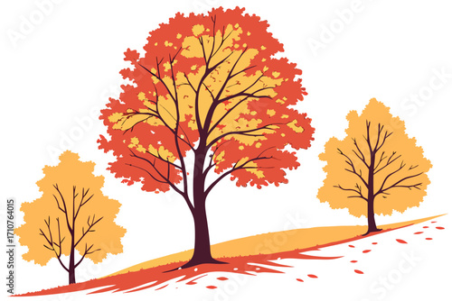 Illustrate the autumn maple trees of Vermont with fiery colors, modern flat illustration style