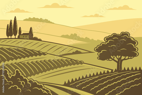 Capture the winding vineyards of Tuscany under golden evening light, modern flat illustration style