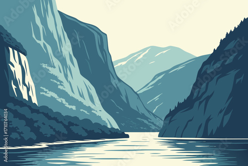 Illustrate the icy fjords of Norway with shimmering reflections, modern flat illustration style