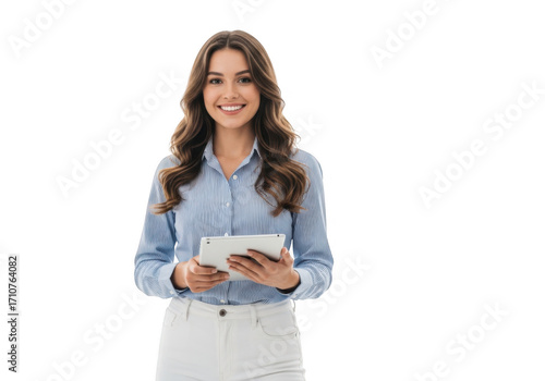 Smiling young woman holding a tablet and pen isolated on transparent background