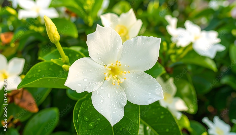 Obraz premium Close-up of dewy white flowers with green foliage