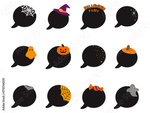a collection of 12 black circular speech bubbles decorated with various Halloween-themed elements such as spider webs, witch hats, pumpkins, ghosts, bats, candy, stars, and party text.