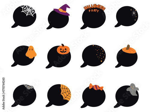 a collection of 12 black circular speech bubbles decorated with various Halloween-themed elements such as spider webs, witch hats, pumpkins, ghosts, bats, candy, stars, and party text.