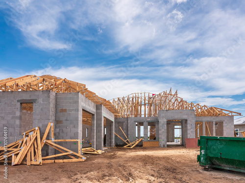 Front of an upscale single-family house under construction, with attached garage and roof in progress, in a suburban residential development in southwest Florida. (Part of dumpster at lower right.)