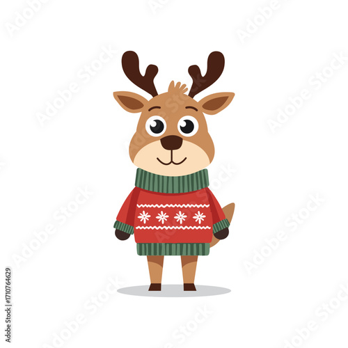 Cute Christmas reindeer in red sweater holiday vector illustration